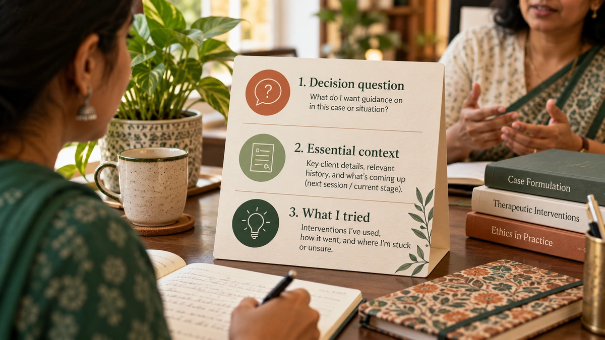 Explanatory. Three-item supervision desk card: decision question, essential context, what I tried. One focal card with legible hierarchy.