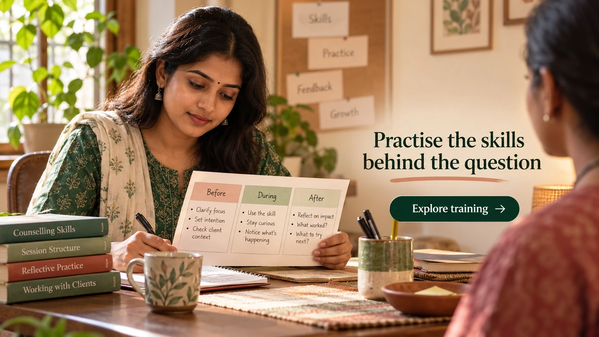 Mid CTA banner, 1200�675. Premium Indian trainee preparing a Before�During�After card before guided roleplay. Visible copy: �Practise the skills behind the question� / button: �Explore training�. URL: https://psyquench.com/product/counselling-psychotherapy/. No logo.