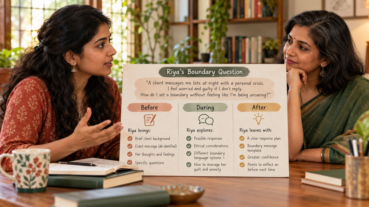 Explanatory. Full Before�During�After card for Riya�s fictional boundary question, readable at mobile size and clearly fictional.