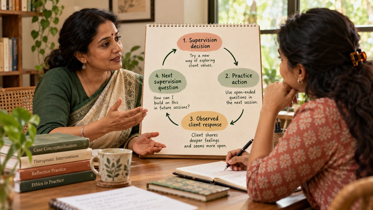 Explanatory. Feedback loop: one supervision decision, one practice action, one observed client response, next supervision question. No generic laptop image.