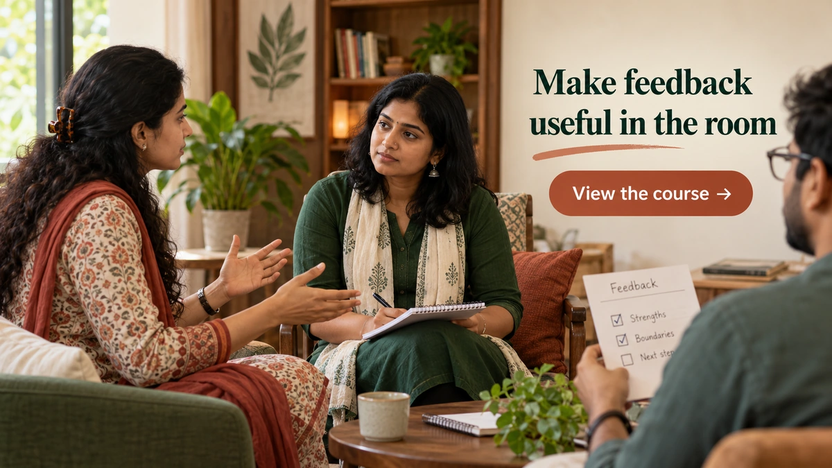 End CTA banner, 1200�675. Indian trainees practising a boundary conversation with an observer and one feedback card. Visible copy: �Make feedback useful in the room� / button: �View the course�. URL: https://psyquench.com/product/counselling-psychotherapy/. No logo.