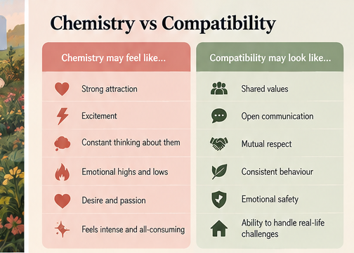 Side-by-side relationship infographic comparing emotional chemistry with compatibility, shared values, communication, respect and emotional safety.