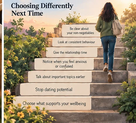 Illustrated steps showing a person moving forward by clarifying non-negotiables, noticing consistency, talking earlier and choosing relationships that support wellbeing.