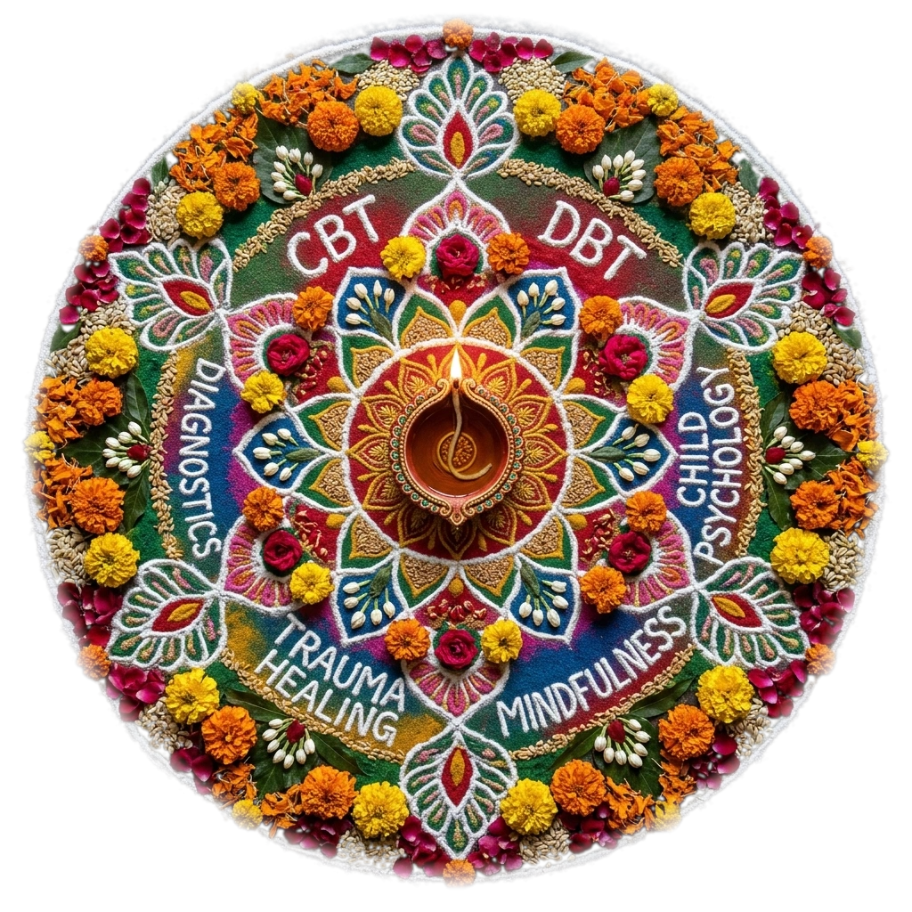 Authentic Diwali Rangoli with hand-poured psychology course names: CBT, DBT, Child Psychology, Diagnostics, Trauma Healing, Mindfulness