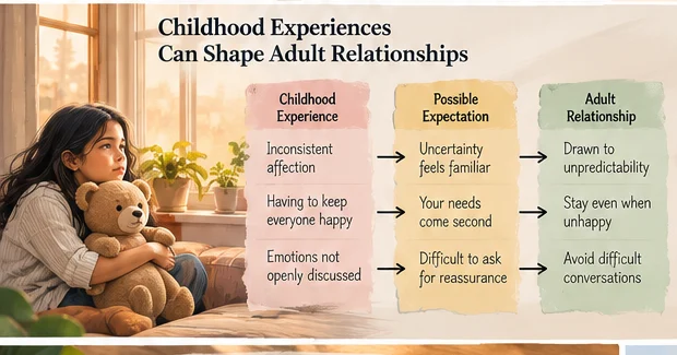 Illustration linking earlier emotional experiences with adult relationship expectations and reactions without implying that childhood determines future choices.