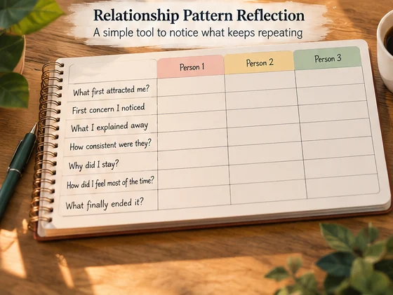 A notebook-style self-reflection worksheet for comparing repeated emotional patterns across several romantic relationships.