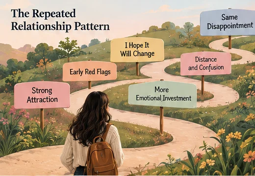 Illustrated path showing how strong attraction can move through early red flags, emotional distance, extra investment and repeated disappointment.