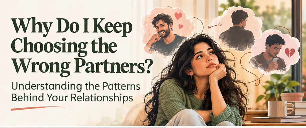 Editorial illustration of a person reflecting on repeated romantic relationship choices and emotionally unavailable partners.
