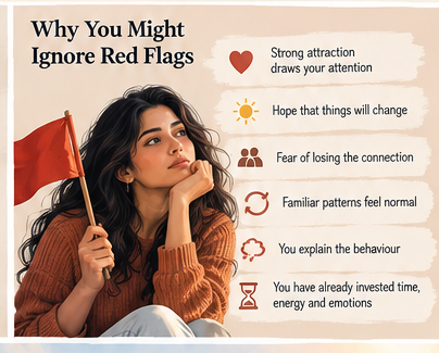 Illustration of a person holding a red flag while considering attraction, hope, fear of loss, familiar patterns and emotional investment.