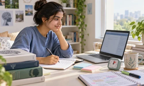 CUET PG Psychology 2027 exam preparation desk with student and study materials