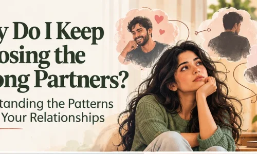 Editorial illustration of a person reflecting on repeated romantic relationship choices and emotionally unavailable partners.