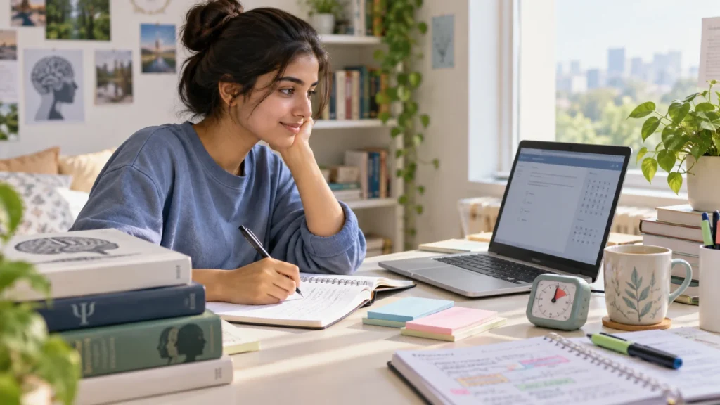 CUET PG Psychology 2027 exam preparation desk with student and study materials