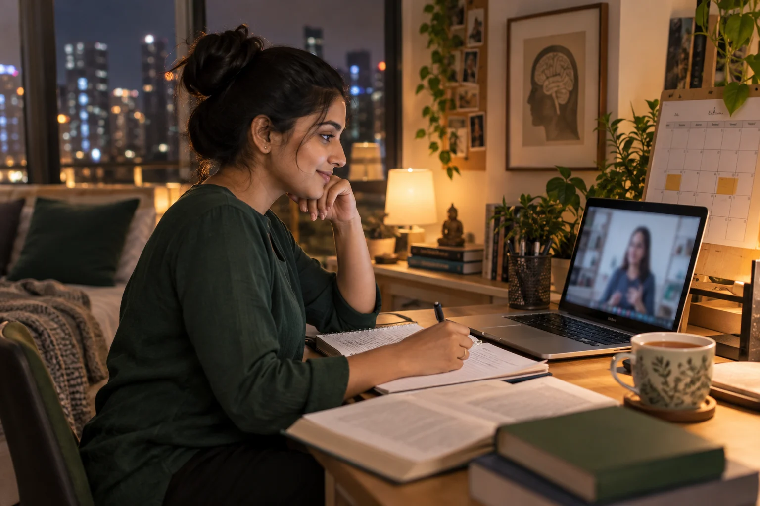 Working professional studying counselling online in the evening