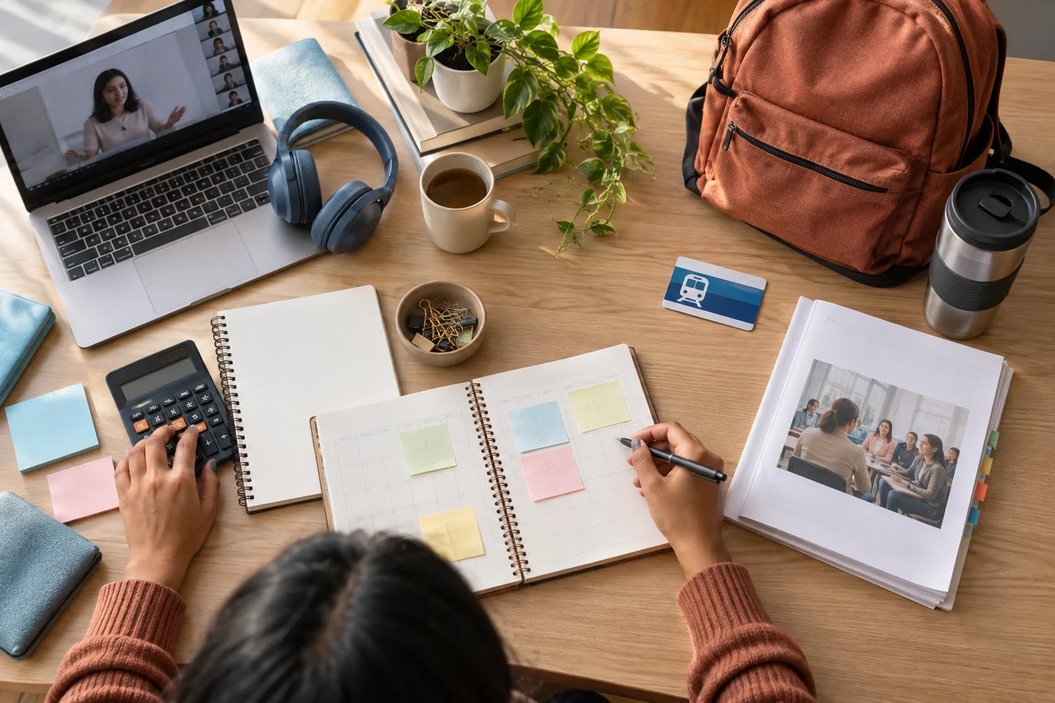 Desk comparing online counselling study and in-person training logistics