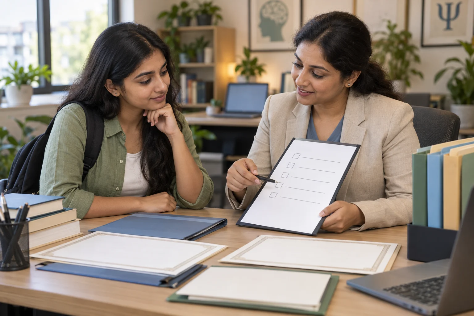 Student reviewing psychology course recognition checklist with mentor