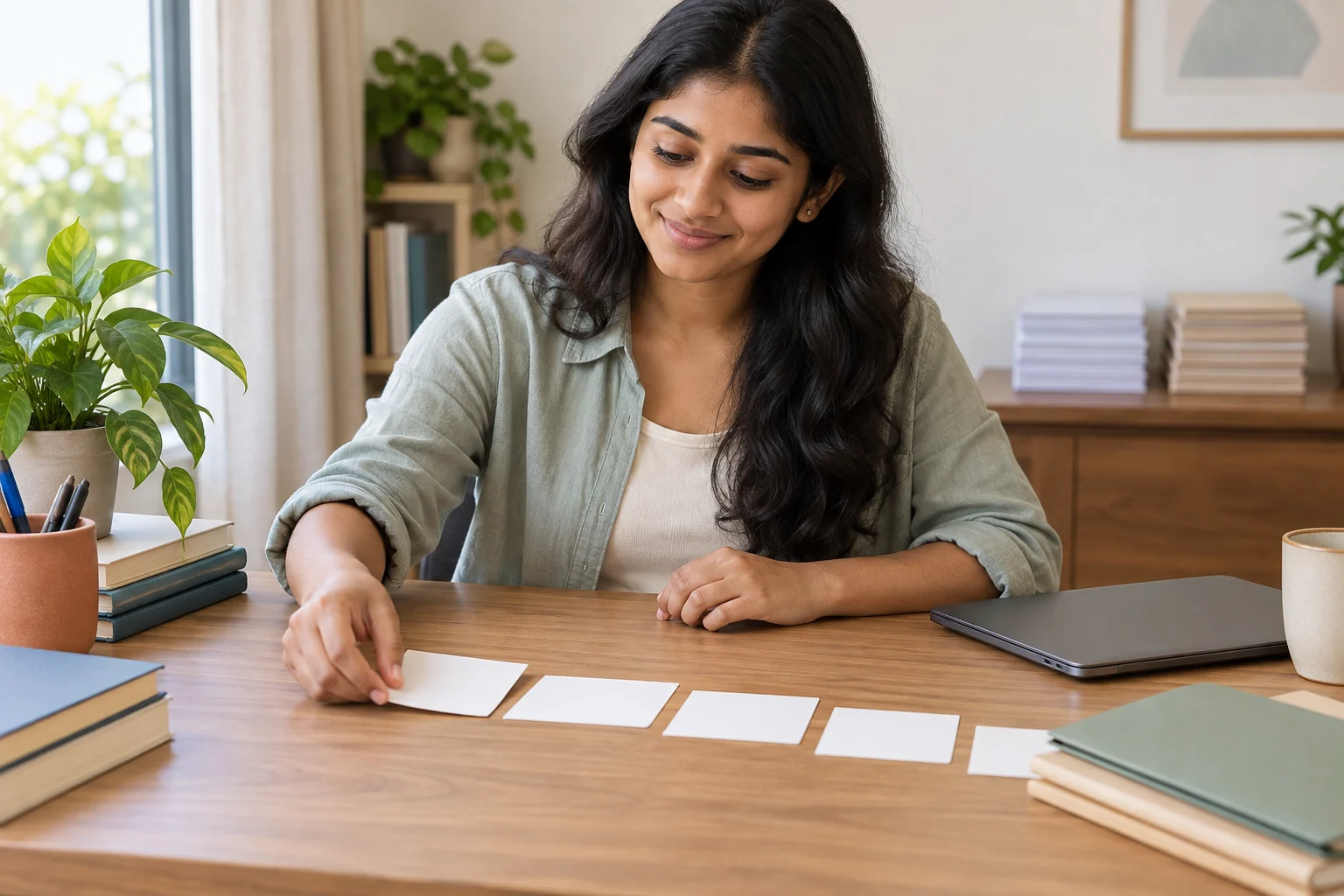 Psychology student arranging blank action-plan cards for licensing next steps